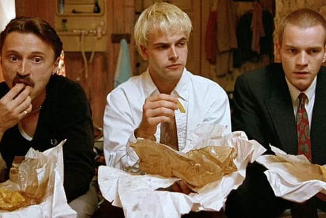 Left to right: Robert Carlyle as Begbie. Jonny Lee Miller as Sick Boy, and Ewan McGregor as Renton.