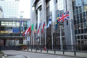 The UK flag flies outside the European Parliament in Brussels on January 31, 2020, the day Britain formally left the EU (Picture: Yui Mok/PA Wire)