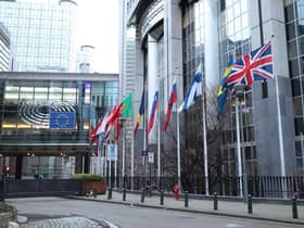 The UK flag flies outside the European Parliament in Brussels on January 31, 2020, the day Britain formally left the EU (Picture: Yui Mok/PA Wire)