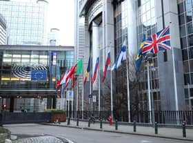 The UK flag flies outside the European Parliament in Brussels on January 31, 2020, the day Britain formally left the EU (Picture: Yui Mok/PA Wire)