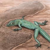 Bellairsia gracilis is imagined basking on a sunny day in a dinosaur footprint: (Pic: Dr Elsa Panciroli/Univ of Oxford)