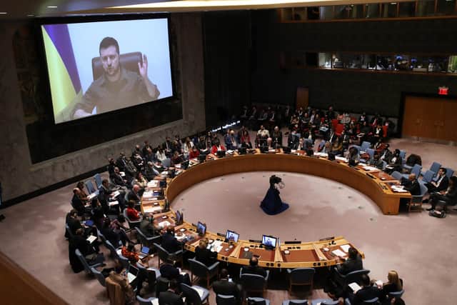 Ukrainian President Volodymyr Zelensky addresses the United Nations (UN) Security Council via video link