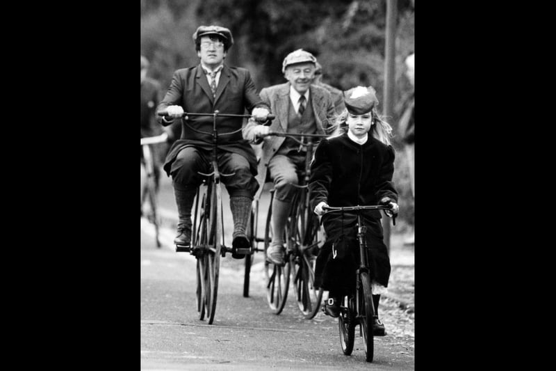 Members of the Solent Veteran Bicylce and Tricycle Club set off on the club's annual Christmas ride along Hilsea Mpat in December 1992. The News PP4457