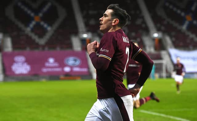 Jamie Walker celebrates after scoring Hearts' winner against Dunfermline.