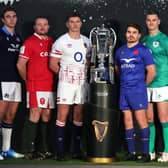 From left Jamie Ritchie, Captain of Scotland, Ken Owens, Captain of Wales, Owen Farrell, Captain of England, Antoine Dupont, Captain of France, Johnny Sexton, Captain of Ireland and Michele Lamaro, Captain of Italy pose alongside the Guinness Six Nations trophy during the 2023 Guinness Six Nations Media Launch at London County Hall.