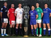 From left Jamie Ritchie, Captain of Scotland, Ken Owens, Captain of Wales, Owen Farrell, Captain of England, Antoine Dupont, Captain of France, Johnny Sexton, Captain of Ireland and Michele Lamaro, Captain of Italy pose alongside the Guinness Six Nations trophy during the 2023 Guinness Six Nations Media Launch at London County Hall.