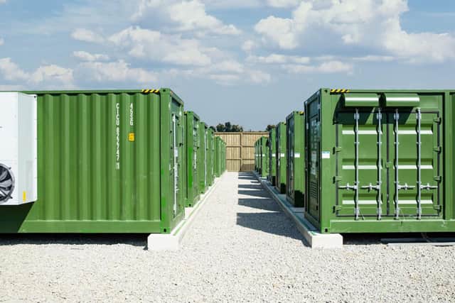 An example of one type of battery energy storage system (BESS). These consist of one or more large batteries that store electrical power for use at a later time.