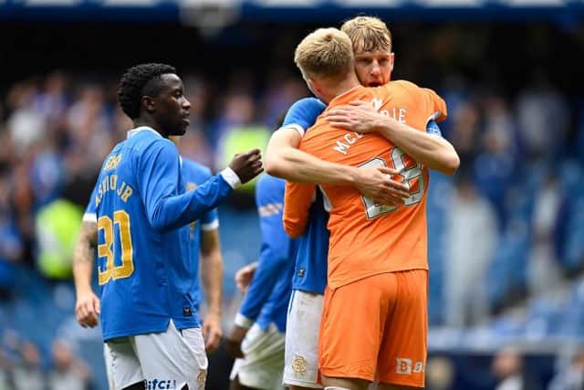 Rangers scorer Filip Helander and goalkeeper Robby McCrorie embrace at the end of their team's 1-0 win over Celtic at Ibrox on Sunday. (Photo by Rob Casey / SNS Group)