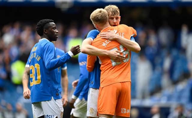 Rangers scorer Filip Helander and goalkeeper Robby McCrorie embrace at the end of their team's 1-0 win over Celtic at Ibrox on Sunday. (Photo by Rob Casey / SNS Group)