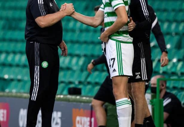 Celtic Manager Ange Postecoglou with Dane Murray during the Champions League qualifier between Celtic and FC Midtjylland at Celtic Park. (Photo by Craig Williamson / SNS Group)