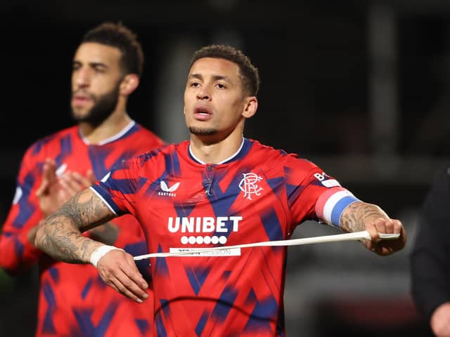 Rangers duo James Tavernier and Connor Goldson at full-time after the 0-0 draw at Dundee. (Photo by Ross MacDonald / SNS Group)