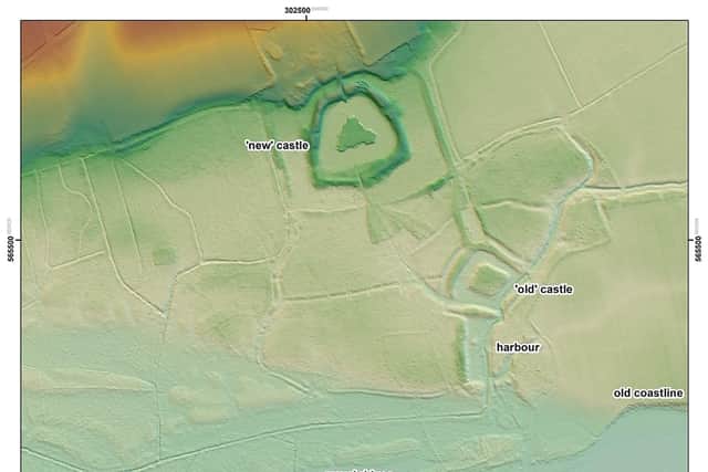 A laser scan of the landscape shows the site of the old castle in relation to 'new' Caerlaverock, the old harbour and coastline. PIC: HES.