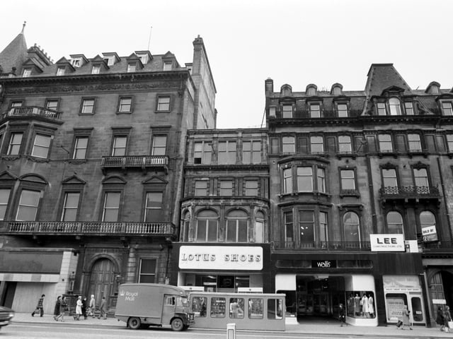 Exterior of the Caledonian Club and Liberal Club in Princes Street Edinburgh, April 1978 - planned for demolition. It became the site of Debenham's department store.
