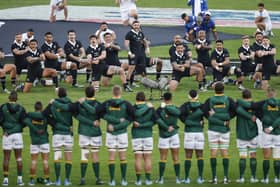 New Zealand players perform the Haka ahead of the Rugby Championship Test match against South Africa at Ellis Park Stadium in Johannesburg.  (Photo by PHILL MAGAKOE/AFP via Getty Images)