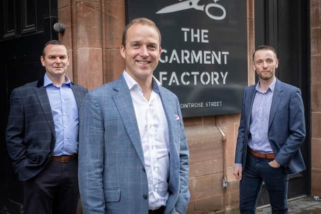 Blackford MD Tom Aldridge (centre) with two of his nine new hires, Michael Gregson (left) and Nick Smith (right) at the group’s HQ in Glasgow. Picture: McAteer Photograph.