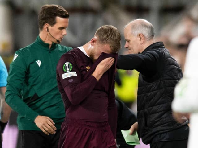 Hearts' Stephen Kingsley was clearly emotional after injuring his hamstring against RFS>