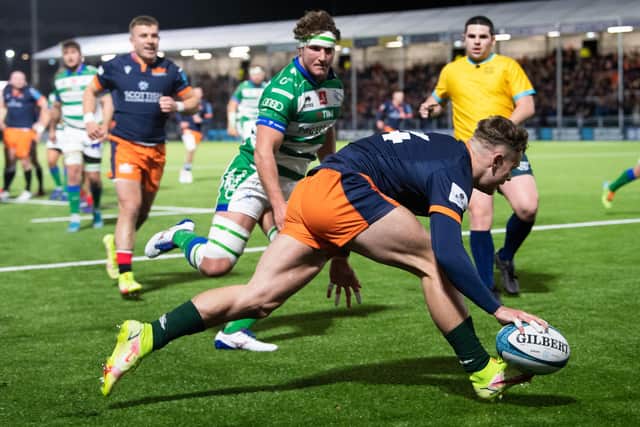 Edinburgh's Darcy Graham scores the first try of the game against Benetton. (Photo by Ross Parker / SNS Group)