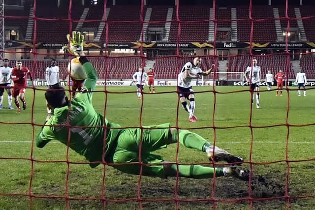 Rangers' Borna Barisic scores a penalty kick during the UEFA Europa League game last week (Photo by DIRK WAEM/BELGA/AFP via Getty Images)