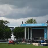 The Fan Zone for EURO 2020 is being built as preparations are ramped up ahead of kick off. A giant tv screen is installed for fans.