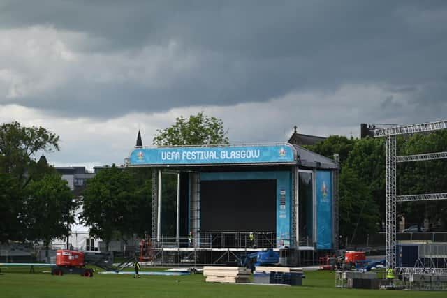 The Fan Zone for EURO 2020 is being built as preparations are ramped up ahead of kick off. A giant tv screen is installed for fans.