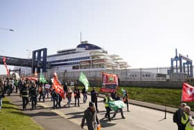 Protesters leave the P&O site at the Port of Hull, East Yorkshire, after P&O Ferries suspended sailings and handed 800 seafarers immediate severance notices. Picture date: Friday March 18, 2022.