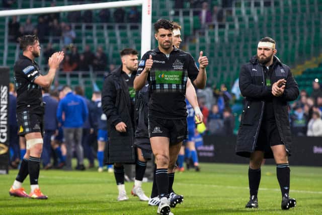Adam Hastings applauds the fans after Glasgow Warriors' loss to Leinster in the 2019 Pro14 final at Celtic Park. The defeat still rankles. Picture: Bruce White/SNS