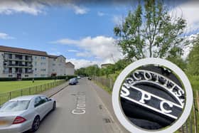 A Staffordshire bull terrier cross has been taken in as a stray by the Scottish SPCA after a member of the public found him lying in a field next to their house on Crowlin Crescent.