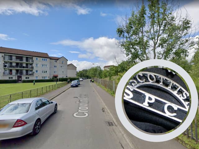 A Staffordshire bull terrier cross has been taken in as a stray by the Scottish SPCA after a member of the public found him lying in a field next to their house on Crowlin Crescent.