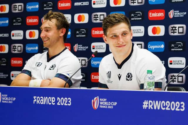 Jamie Ritchie, left, and Rory Darge together during the 2023 Rugby World Cup in France. Darge received a message from Ritchie after being appointed Scotland co-captain. (Photo by CLEMENT MAHOUDEAU/AFP via Getty Images)