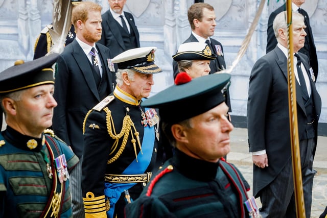 The Duke of Sussex, King Charles III, the Princess Royal, Peter Phillips and the Duke of York walk behind the coffin of Queen Elizabeth II being carried into Westminster Abbey during her State Funeral. Picture date: Monday September 19, 2022.
