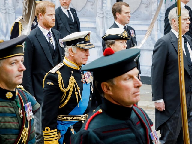 The Duke of Sussex, King Charles III, the Princess Royal, Peter Phillips and the Duke of York walk behind the coffin of Queen Elizabeth II being carried into Westminster Abbey during her State Funeral. Picture date: Monday September 19, 2022.