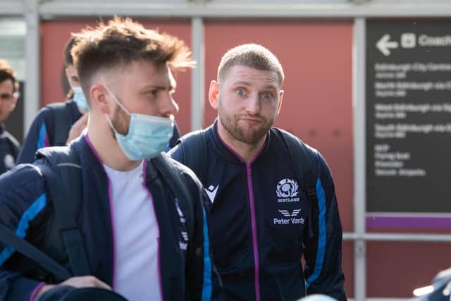 Finn Russell, right, at Edinburgh Airport ahead of Scotland's flight to Dublin.  (Photo by Ross Parker / SNS Group)