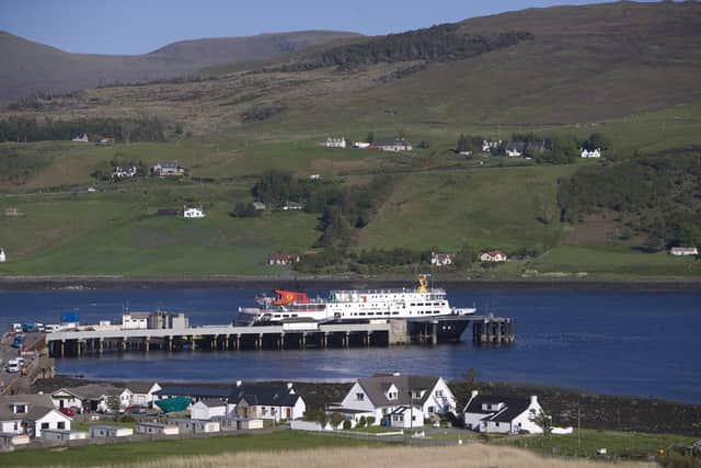 A ferry at Uig Harbour. Crew members on one of Scotland's lifeline ferries have put out a fire in an engine room, and operator CalMac has suspended services from Uig. Picture: CalMac/PA Wire