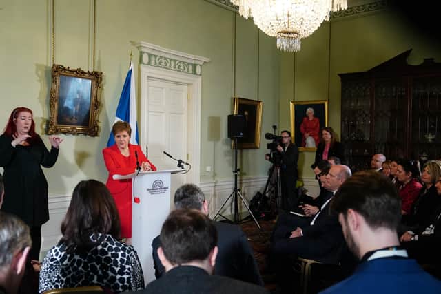Sturgeon speaking during a press conference at Bute House in Edinburgh
