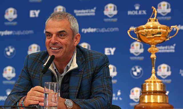 Paul McGinley speaks to the media after leading Europe to victory in the 204 Ryder Cup at Gleneagles. Picture: Mike Ehrmann/Getty Images.