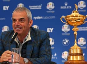 Paul McGinley speaks to the media after leading Europe to victory in the 204 Ryder Cup at Gleneagles. Picture: Mike Ehrmann/Getty Images.