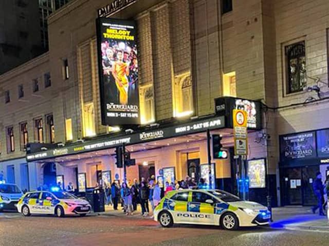Police outside the Palace Theatre in Manchester after some members of the audience refused to remain seated (Pic: Tash Kenyon/Twitter/PA Wire)