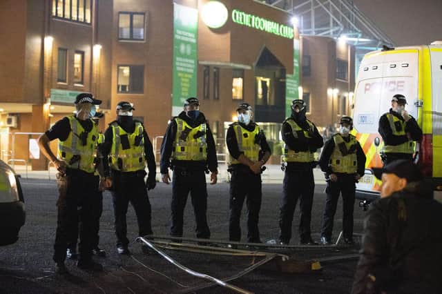A large police presence as Celtic fans gather outside Celtic Park (Photo by Alan Harvey / SNS Group)