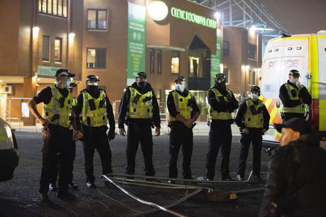 A large police presence as Celtic fans gather outside Celtic Park  (Photo by Alan Harvey / SNS Group)