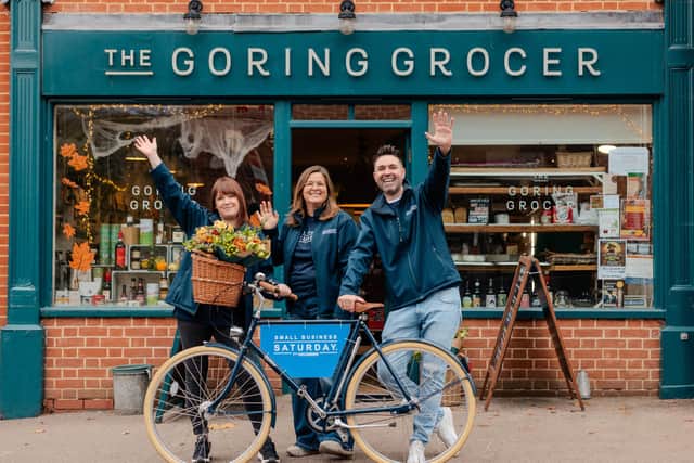 Small Business Saturday roadshow team, Gemma Johnson (left) and Mat Slosiar (right), met campaign director Michelle Ovens CBE when they visited The Goring Grocer as part of last year’s tour across the UK.