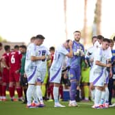 Players of Scotland drink water at the cool break during the friendly against Gibraltar.