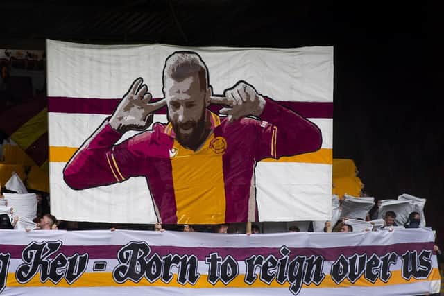 A banner for PFA Scotland Player of the Year nominee Kevin van Veen before the Motherwell's Premiership match against Kilmarnock. Photo by Craig Foy / SNS Group