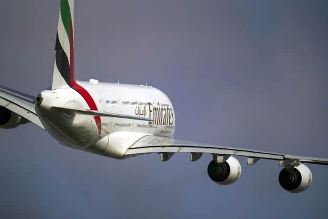 An Emirates Airbus A380 plane taking off from Heathrow airport in West London. Picture: Steve Parsons/PA Wire