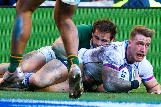 Stuart Hogg scores his second try against South Africa which drew him level with Ian Smith and Tony Stanger on 24 tries for Scotland. (Photo by Craig Williamson / SNS Group)