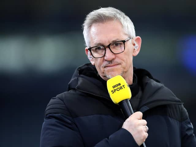 Gary Lineker, BBC Sport TV Pundit looks on prior to the Emirates FA Cup Quarter Final  match between Leicester City and Manchester United at The King Power Stadium on March 21, 2021 in Leicester, England.