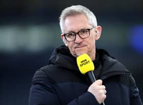 Gary Lineker, BBC Sport TV Pundit looks on prior to the Emirates FA Cup Quarter Final  match between Leicester City and Manchester United at The King Power Stadium on March 21, 2021 in Leicester, England.