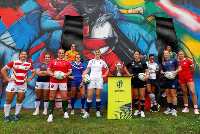 Scotland's Rachel Malcolm (second from left) with the rest of the captains from the nations competing at the Rugby World Cup, at Eden Park, Auckland. (Photo by Hagen Hopkins - World Rugby/World Rugby via Getty Images)