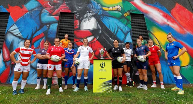 Scotland's Rachel Malcolm (second from left) with the rest of the captains from the nations competing at the Rugby World Cup, at Eden Park, Auckland. (Photo by Hagen Hopkins - World Rugby/World Rugby via Getty Images)