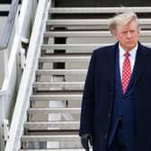 Former US president Donald Trump arrives in his private jet at Aberdeen International Airport, in Dyce, Aberdeen