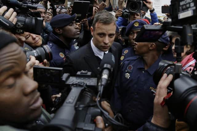 Oscar Pistorius leaves the High Court in Pretoria, South Africa, Tuesday June 14, 2016. A South African parole board is to consider whether former Paralympics star and convicted murderer Oscar Pistorius can be released from jail.
